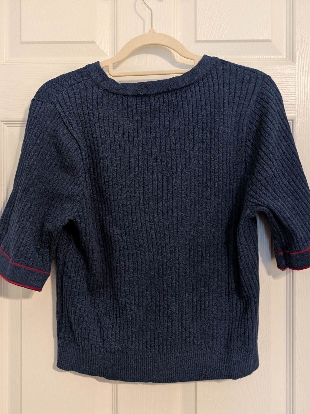 ModCloth Navy Short-Sleeve Knit Cardigan with Orange Shell Embroidery - Picture 3 of 5